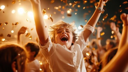 A young child with flowing hair joyfully celebrates in a lively atmosphere filled with confetti, embodying innocence, happiness, and the magic of childhood celebrations.