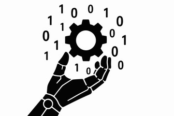 Robotic Hand Holding a Gear Surrounded by Binary Code Representing Artificial Intelligence and Technological Advancement in a Black and White Graphic Design black