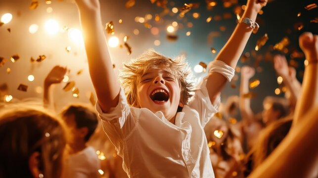 A young child with flowing hair joyfully celebrates in a lively atmosphere filled with confetti, embodying innocence, happiness, and the magic of childhood celebrations.
