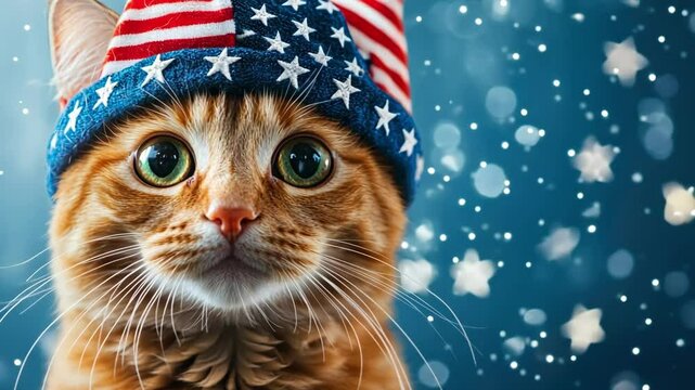 Adorable ginger kitten in american flag hat with stars and bokeh background. Independence Day, Fourth of July, July 4th - American Freedom Celebration, US National Holiday USA