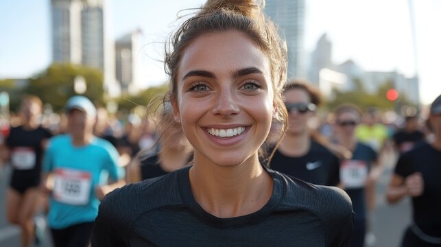 A joyful young woman smiling while running in a marathon event, with a vibrant cityscape in the background, representing enthusiasm and community spirit in sports.