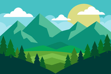 A vibrant vector illustration of a summer mountain landscape with green trees, a blue sky, and a flowing river