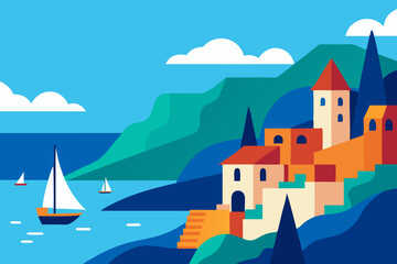 Whimsical vector cartoon castle, a fantasy fortress illustrating a medieval town or a princess's towering palace by the sea or nestled on a hill, under a night sky, a fairytale architectural home