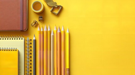 Yellow aesthetic flat lay stationery notebook pencils office supplies back to school workspace concept