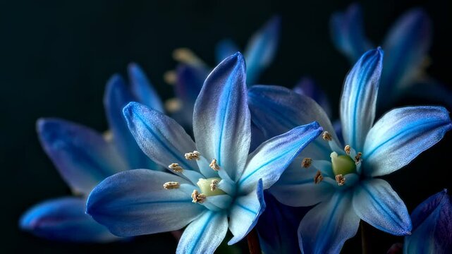 Exquisite close-up of vibrant blue scilla flowers blooming against a dark backdrop