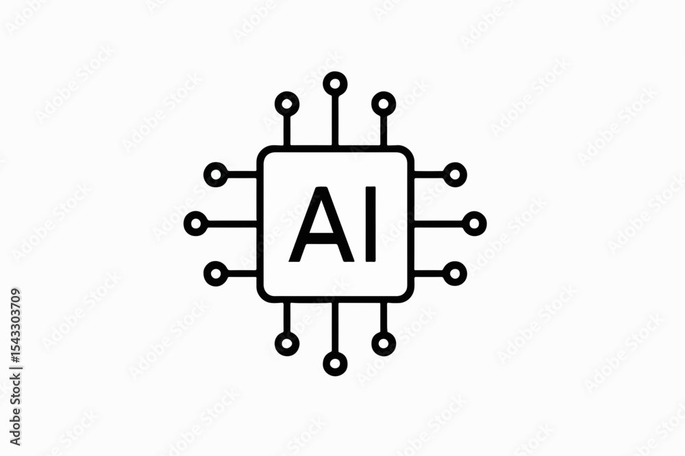 Poster a minimalist line art depiction of an artificial intelligence microchip symbolizing technological ad
