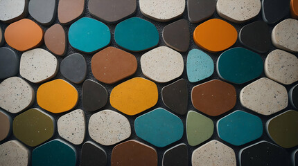Fototapeta premium Colorful, textured, patterned tiles in various shades of brown, orange, teal, and beige