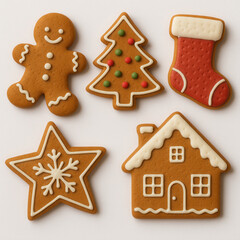 Gingerbread cookies shaped like a man, tree, stocking, star, and house. Decorated with icing and colorful candies. Perfect for holiday celebrations.