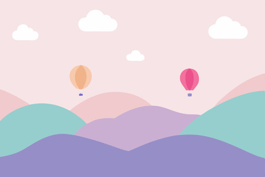 Pink and blue sky landscape with cartoon clouds, sun, and summer flowers, a vector illustration of nature's beauty with trees, mountains, and green fields - Powered by Adobe