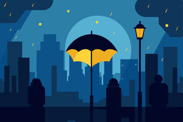 Naklejka premium Vibrant cartoon illustration of a blue umbrella under drops of rain, with clouds in the autumn sky
