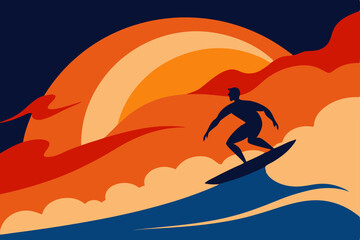 Vector silhouette illustration of a woman surfer on a beach wave, blending sport and summer fun