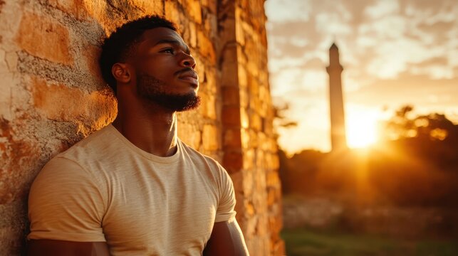 A young man leans against a textured wall, lost in thought as he gazes towards the sunset, with a tower silhouetted against the glowing sky in the background.