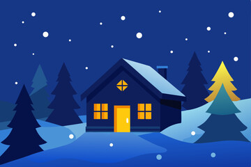 Christmas winter night landscape with a snow-covered house and festive trees