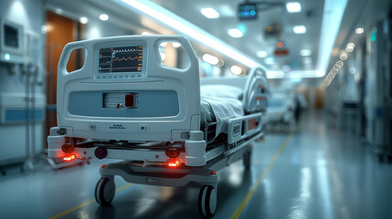 smart hospital bed, medical technology, emergency care, healthcare innovation, clinical hallway, high-tech hospital, patient monitoring, intensive care unit, digital health, hospital corridor, future