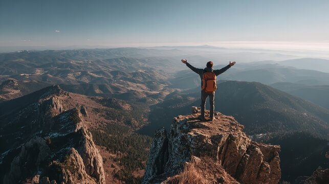 Man on mountain top with arms outstretched hiking and adventure travel landscape and success achievement