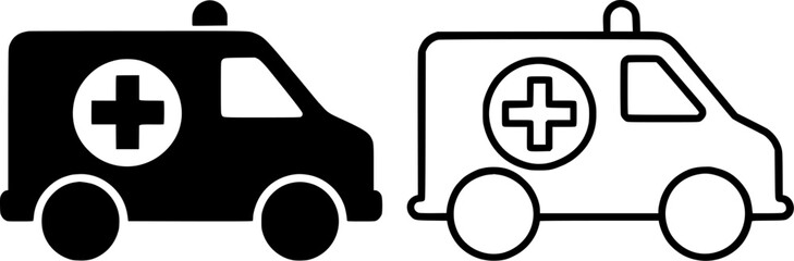 Two side-view icons of ambulances, one in solid black and one in outline black.