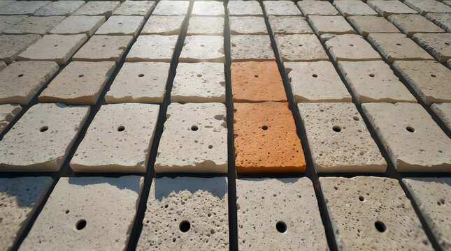 Rows of light beige stone tiles, one orange row stands out