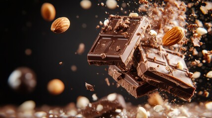 An action-packed scene shows chocolate bars exploding with almonds, creating a deliciously dynamic composition that highlights the joy of sweet indulgence and culinary creativity.