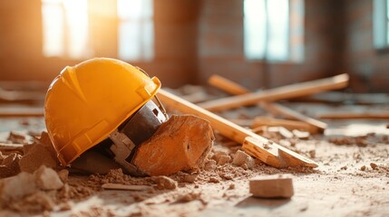A bright yellow construction helmet rests amidst debris on a building site, symbolizing hard work, safety, and the ongoing journey of construction and human endeavor.