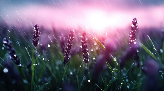 A beautiful lavender field glistens under a rainy sky at sunset, capturing the essence of nature's beauty and evoking feelings of calm, peace, and the simple joys of life.