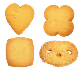 Danish butter cookies, butter cookies in difference shapes isolated clean cut on white.