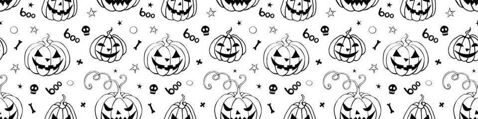 Vector Seamless pattern with pumpkins, Jack o Lantern. Halloween backgrounds and textures in doodle style, isolated.