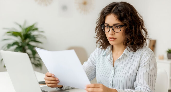 Young busy business woman manager, lawyer or company employee holding accounting bookkeeping documents checking financial data or marketing report working in office with laptop