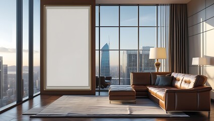 Luxury modern living room interior with cityscape view and blank frame for artwork