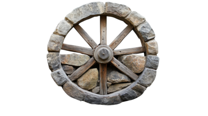 Stone wheel with rough texture and circular shape representing ancient tool or primitive transportation concept isolated on white background