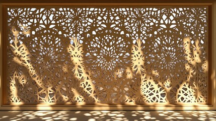 Intricate, light-filtered wooden screen with decorative patterns.