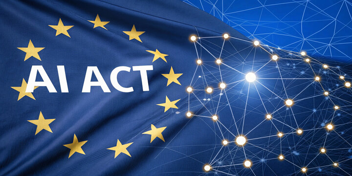 Conceptual image of the European Union flag with a superimposed, glowing network of interconnected data points and the text "AI ACT," symbolizing EU regulations on artificial