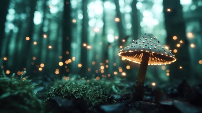 A glowing mushroom illuminated by magical fireflies in a misty forest, creating an enchanting atmosphere that represents nature's beauty and mystery in a captivating way.