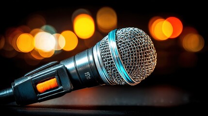 Obraz premium Stage microphone glowing under vibrant lights, capturing the essence of live performance energy