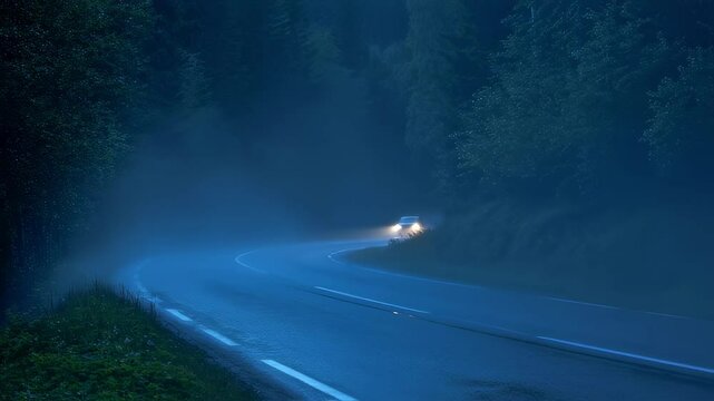 Black sports car speeding on slippery mountain road at nighttime, headlights cutting through darkness and casting water spray across glistening asphalt surface