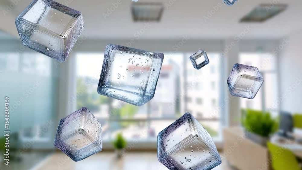 Poster Floating Cubes: Experience the magic of levitation with transparent ice cubes suspended mid-air, offering a refreshing visual against the backdrop of a modern workspace.