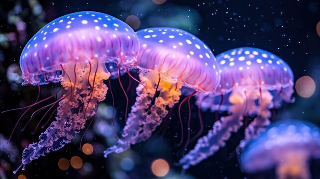 Three bioluminescent jellyfish gracefully swim, exhibiting vibrant pink, purple, and white spots