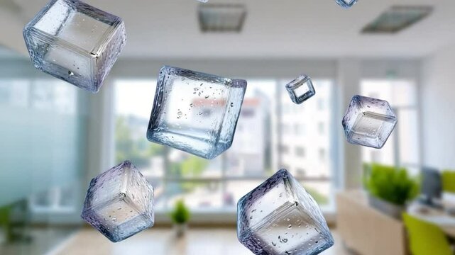 Floating Cubes: Experience the magic of levitation with transparent ice cubes suspended mid-air, offering a refreshing visual against the backdrop of a modern workspace.