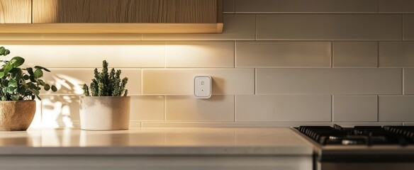 Fototapeta premium Modern kitchen with subtle lighting and plants.