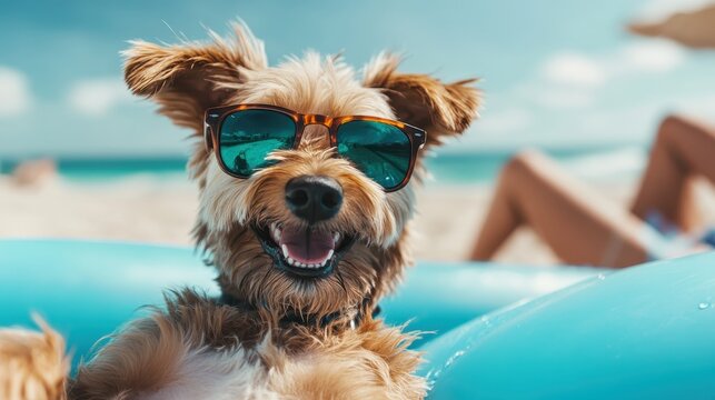 A joyful dog wearing stylish sunglasses, lounging on a pool float, perfectly capturing the essence of summer fun and the carefree spirit associated with beach days.