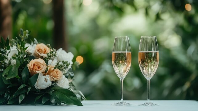 Two elegant champagne glasses filled with sparkling rosé, placed beside a beautiful bouquet, capturing the essence of celebration and romance in a vibrant, lush atmosphere.