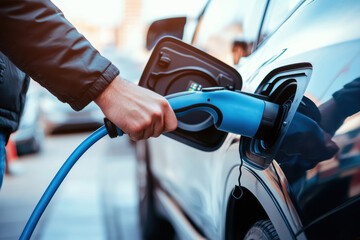 Close-up of man's hand plugging in electric vehicle charger. Shiny blue car surface reflects ambient light. Concept of clean energy, EV technology, green transportation. Modern detail. Banner.