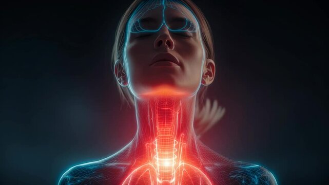 Detailed medical visualization revealing intricate female throat anatomy, illuminating muscular and skeletal elements with dynamic glowing highlights against deep background
