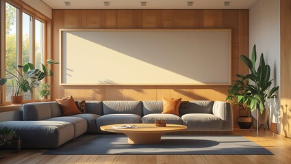 Modern living room interior design featuring a large empty wall for artwork or display