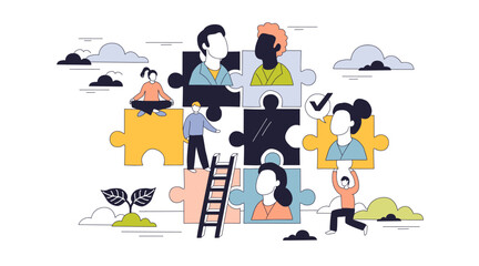 Human management is illustrated by people connecting puzzle pieces, symbolizing teamwork, collaboration, and organization. Doodle style