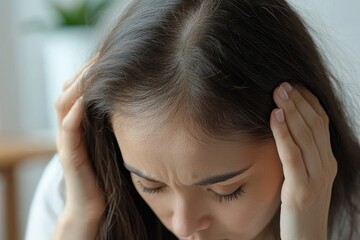 Fototapeta premium Hair loss issue: Asian woman looking at her hairbrush with concern after noticing hair fall, thinking about ways to address it., Generative AI
