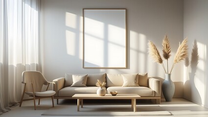 Modern living room interior design showcasing a blank framed canvas with natural light.