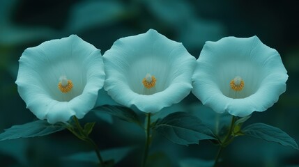 Fototapeta premium Three pale blue flowers in a dark setting
