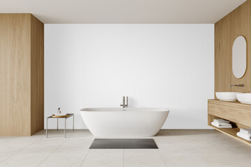 Freestanding bathtub with chrome tray table and black wall background in minimalist bathroom PNG -...