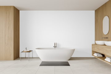 Freestanding bathtub with chrome tray table and black wall background in minimalist bathroom PNG - modern luxury bathroom – Transparent Wall Mockup with Realistic Shadows – 3D render