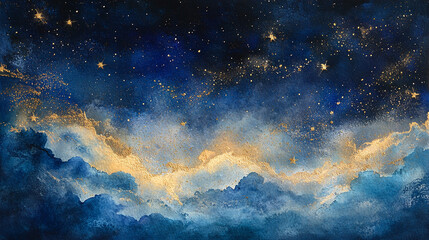 Celestial Watercolor Night Sky with Golden Clouds